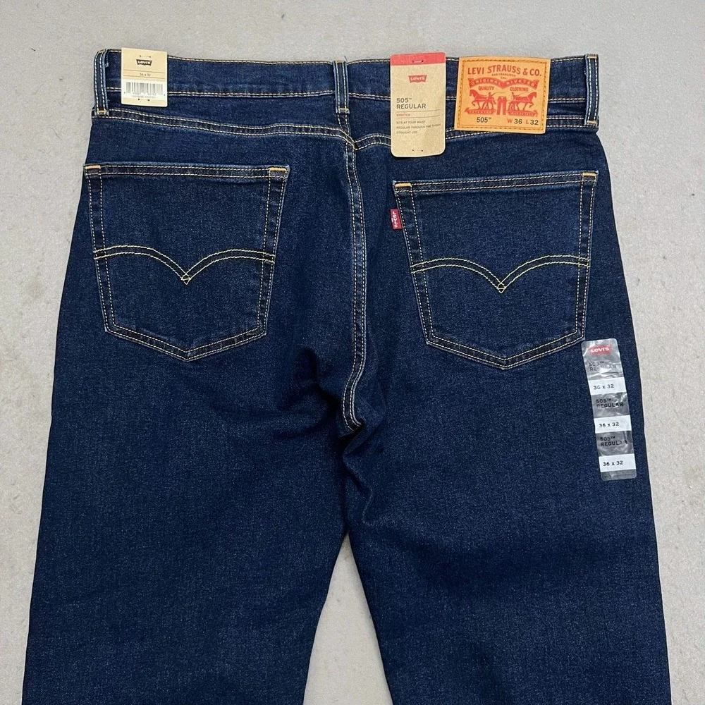 NEW Levis 505 Regular Fit Stretch Jeans Mens 36x32 Dark Wash Indigo Blue Casual